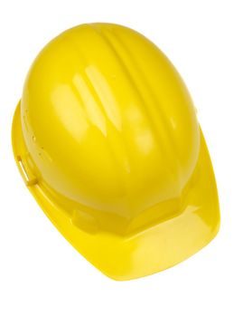 isolated yellow hard-hat on white background, focus point on center of photo