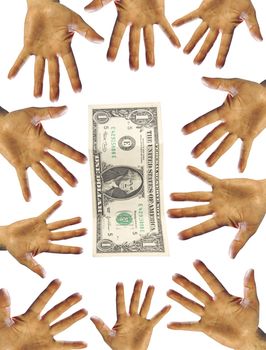 many hands with one US dollar isolated as business concept