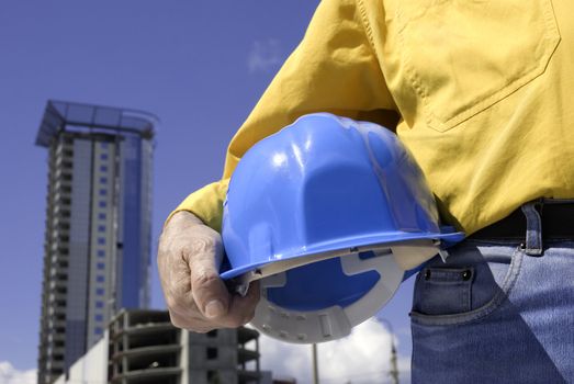 focus point on the hard-hat and hand, special photo toned f/x