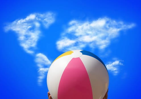 beach ballon hands on world map( clouds f/x)