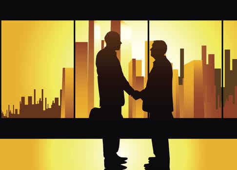 well-known business concept, partners on the urban background with golden light