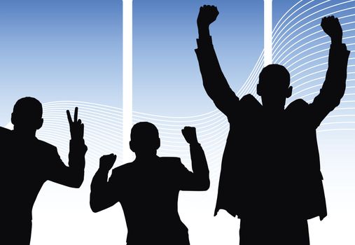 business silhouettes shows success (black, blue and white colors)