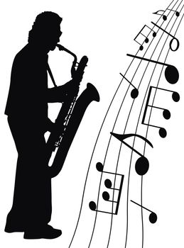 musician and music symbols on white background