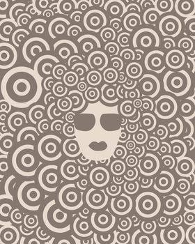 face of funky girl in glasses on abstract background with circles