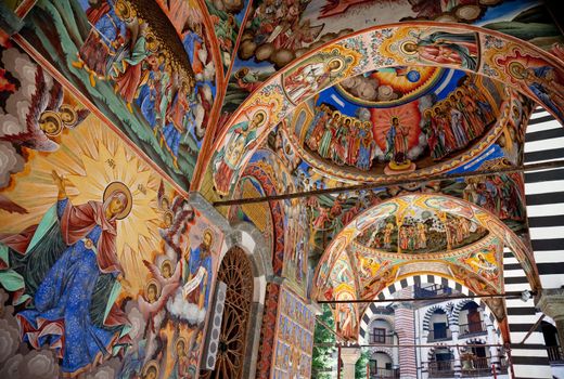 Frescos on the facade of The church of the Nativity of the Virgin, the main church in Rila monastery, painted 1840-1847