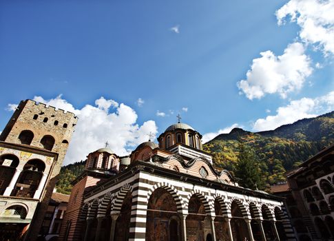 Hreliov�s tower and church Nativity of the Virgin in Rila Monastery, Bulgaria
