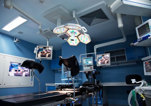 urology surgery room with lights and monitors on