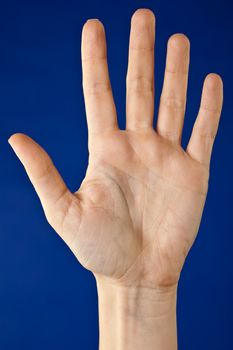 Close-up of hand with open palm on blue background