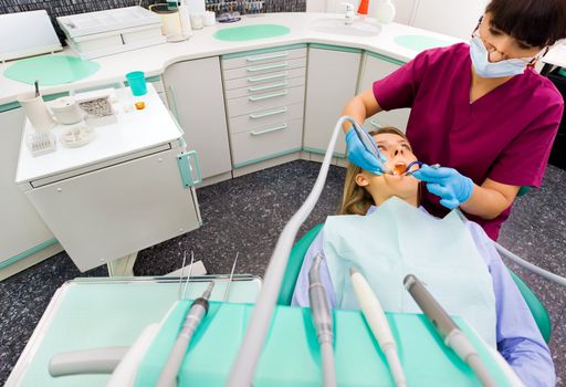 Female dentist working on patient in modern dental surgery