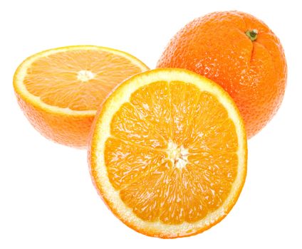 Fresh oranges. One cut on half. Isolated on white background.