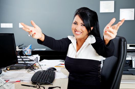 happy hispanic business person opening her arms for a hug