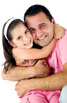 Father and daughter hugging and smiling, isolated on white background