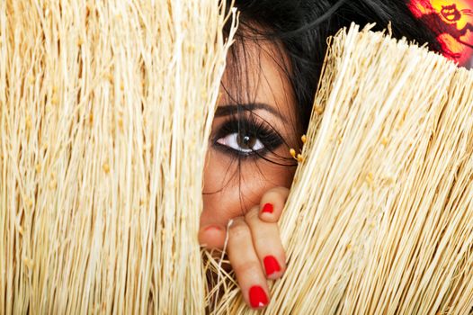 an eye of a witch hiding behind broom