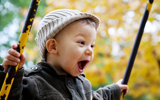 excited toddler on a swing outdoors, autumn leaves in background