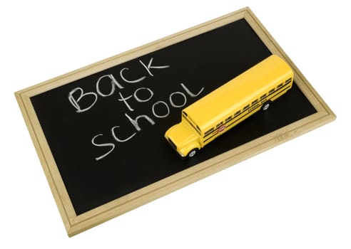 school bus  and blackboard isolated on white background