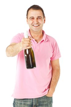 smiling casual male holding bottle of champagne, isolated on white
