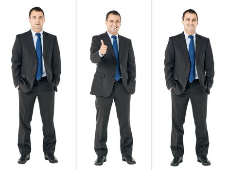 Businessman serious, smiling and showing thumbs up sign combo on white