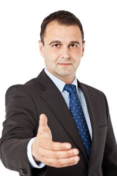 Businessman offering handshake, isolated on white background