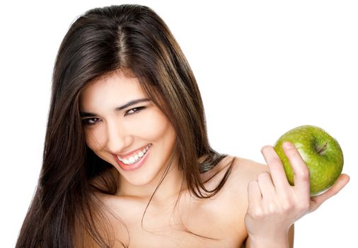 Beautiful topless young female smiling at camera, holding granny smith apple in hand