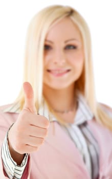 Happy blond female showing thumbs up sign, isolated, focus on hand