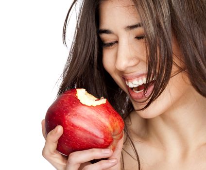 beautiful female smiling and holding a red bitten apple