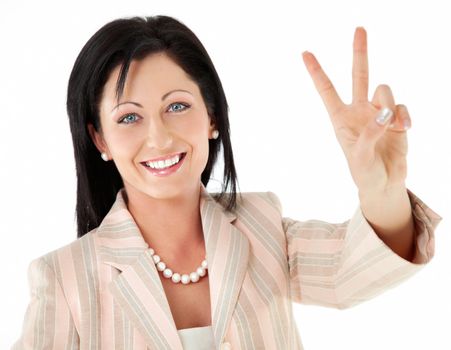Portrait of happy beautiful businesswoman showing victory sign, isolated