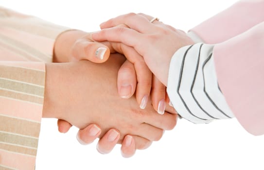 Close-up of four female handshaking hands, isolated on white