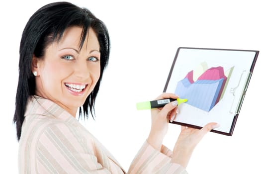 Attractive successful businesswoman holding diagram and yellow marker, smiling at camera