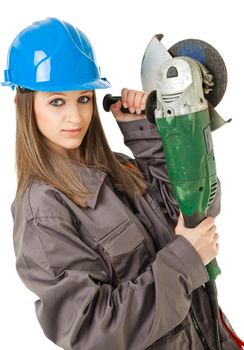 female construction worker with blue hardhat holding grinder, isolated