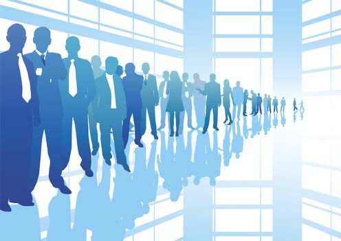 business people in line with reflection and shadows