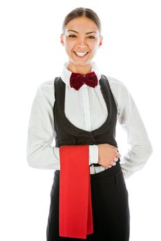 Beautiful waitress in uniform standing and smiling at camera