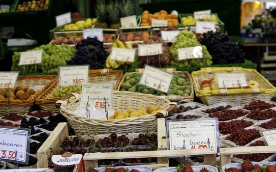 A variety of fruits and vegetables in a european market