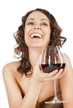 Beautiful happy stylish woman holding glass of red wine, isolated on white