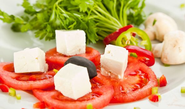 Close-up of tomato and cheese salad with parsley, mushrooms and pepper