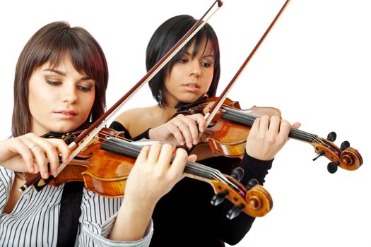 two beautiful violinists playing isolated on white background