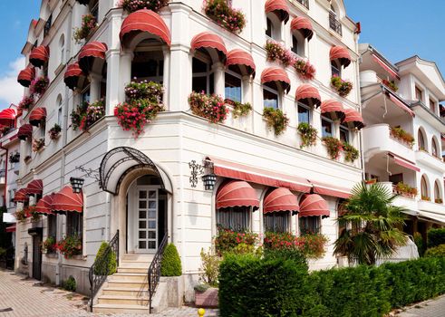 white buildings with awnings in the town of Ohrid, Macedonia