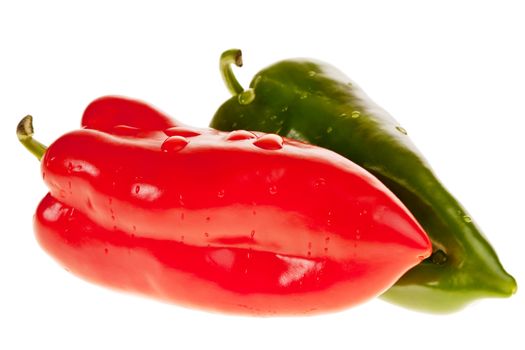close-up of a red and a green pepper isolated on white