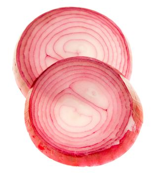 Detailed close-up of two onion slices isolated on white