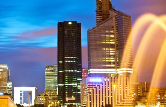 Beautiful urban landscape of Paris Defense skyscrapers by night