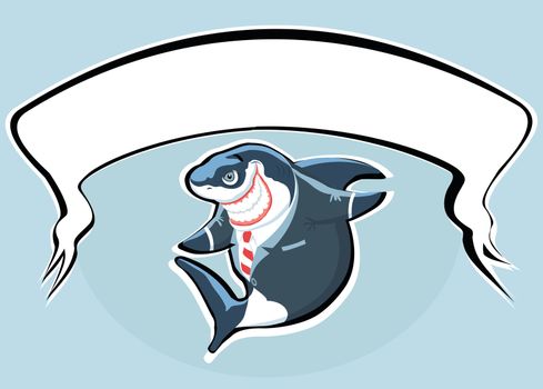Cartoon smiling shark in the suit with copy space

