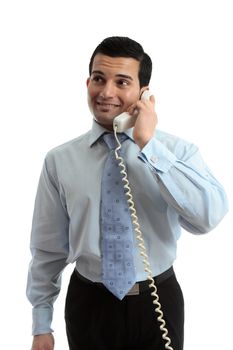 Businessman on a telephone call and looking up.  Suitable for message.  White background.
