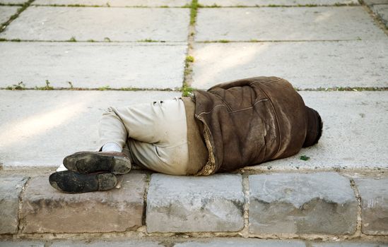 homelessness life concept, focus point on nearest part of the man