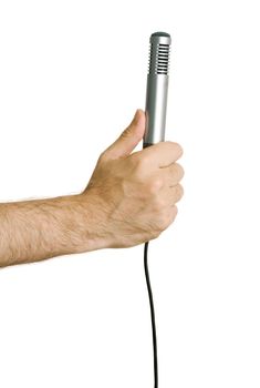 hand with microphone isolated on white background