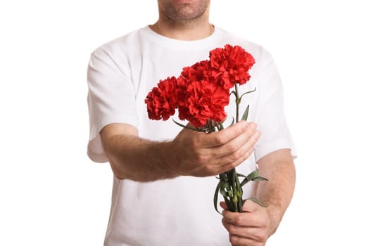 man with flowers isolated on white bakground