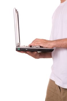 hands of teen with laptop, isolated on white background