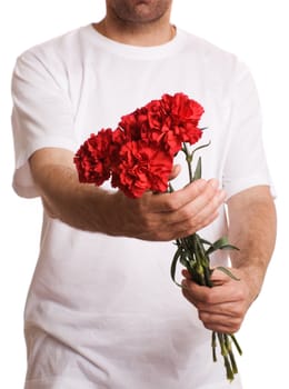 man with flowers isolated on white background