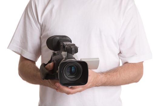 man with camera isolated on white background