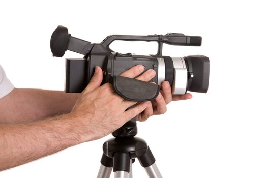hands of man with camera isolated on white background