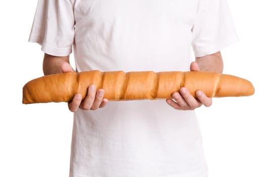 man with long loaf isolated on white background