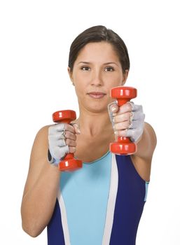 Portrait of a woman doing an exercise with bar-bells.